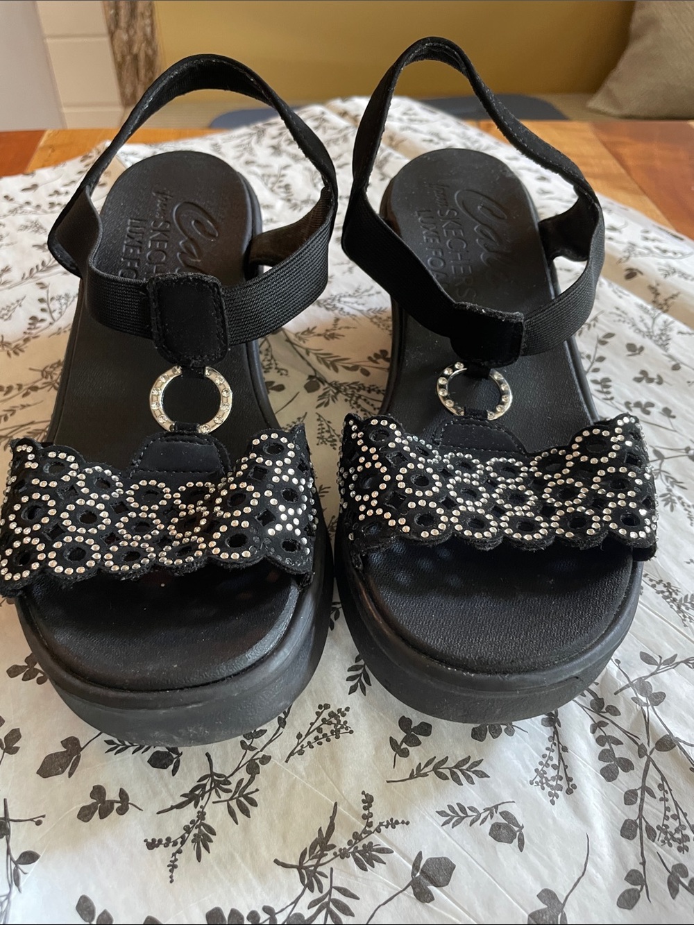 Skechers Black Rhinestone-Trim Platform Wedge Sandals